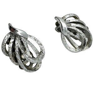 Coro Silver Tone Clip-On Earrings Signed Swirl Design Textured Metal Vintage